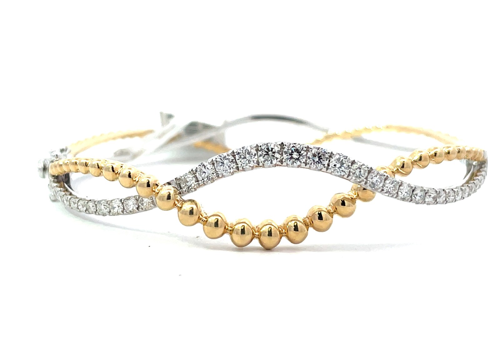 BD .jpg 14kt two tone diamond twisted bracelet with beaded yellow gold figure eight safety D tw 1.21cts VS2/G