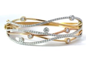 18kt tri colored 6 row fashion cross over diamond bangle bracelet D tw 2.50cts VS2/SI1 clarlity, near colorless G/H color