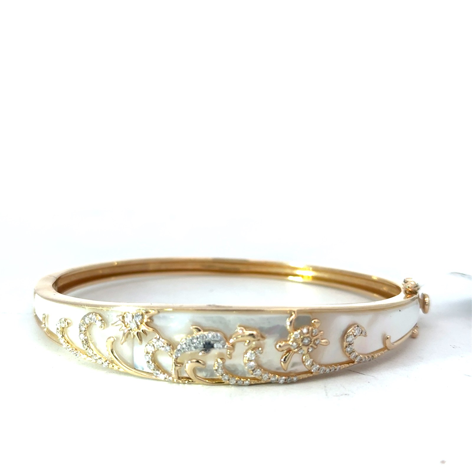 BD .jpg 14kt yellow gold mother of pearl and diamond dolphin wave bangle bracelet D tw 0.33cts, Black D 0.08 with foldover safety SI, near colorless G/H