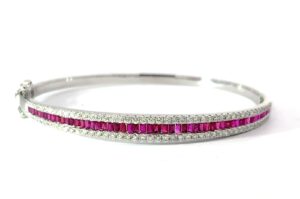 14kt white gold diamond and genuine ruby baguette bangle bracelet D tw 0.85cts R tw 1.26cts SI clarity, near colorless I color