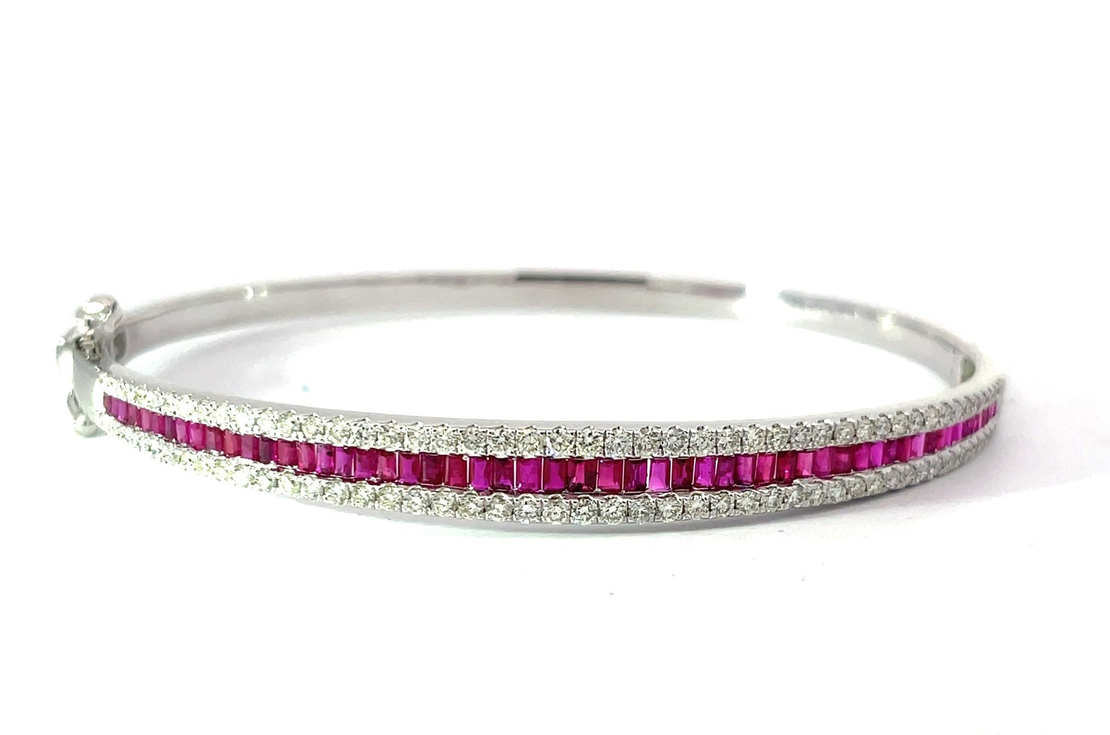 BDB RUBY .jpg 14kt white gold diamond and genuine ruby baguette bangle bracelet D tw 0.85cts R tw 1.26cts SI clarity, near colorless I color