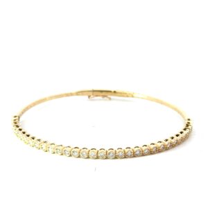 14kt yellow gold round brilliant diamond bezel flex bangle bracelet D tw 1.00cts SI clarity, near colorless H color with foldover safety