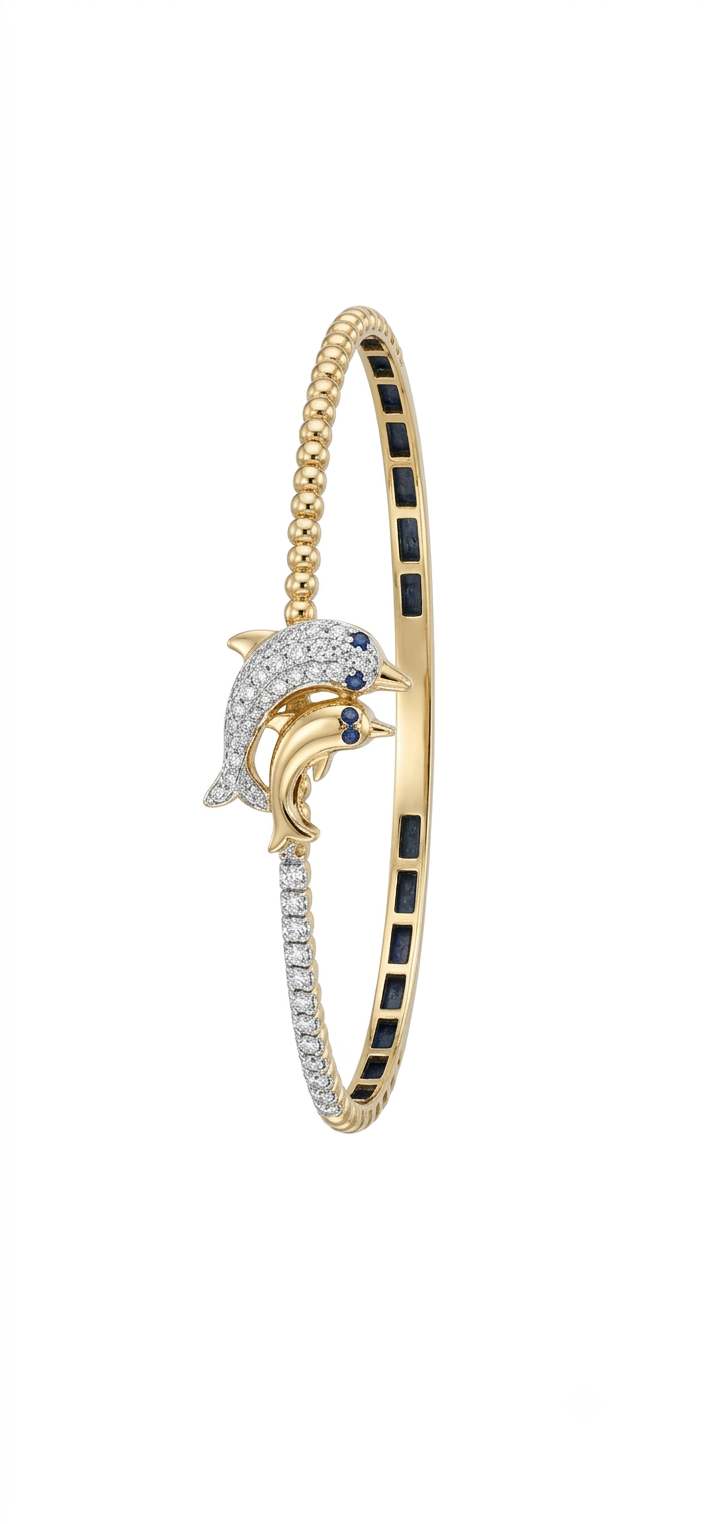 BDDD .png 14kt two tone double dolphin flex bangle bracelet D tw 0.84cts SI1, near colorless G/H Sapphire tw 0.06cts