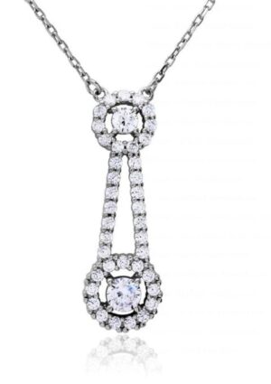 Sterling Silver rhodium plated double halo cubic zirconia drop necklace on adjustable chain