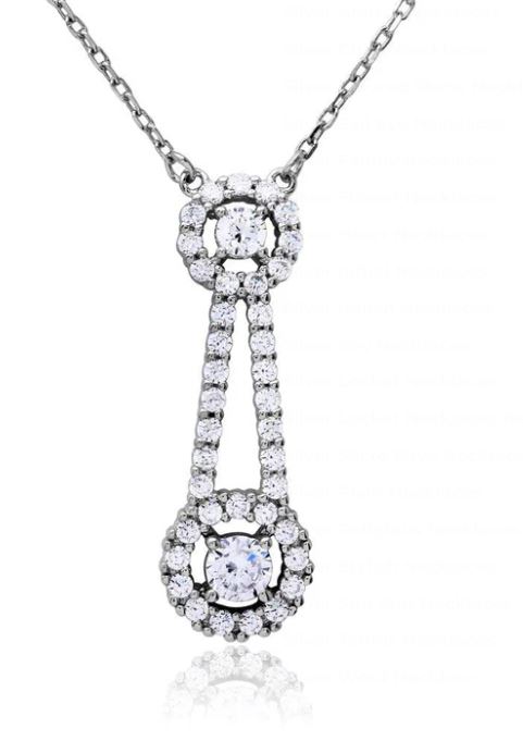 Sterling Silver rhodium plated double halo cubic zirconia drop necklace on adjustable chain