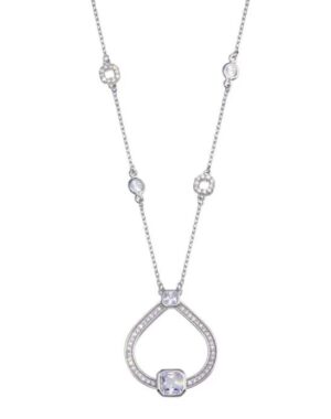 Sterling Silver rhodium plated open circular cubic zirconia pendant on adjustable chain