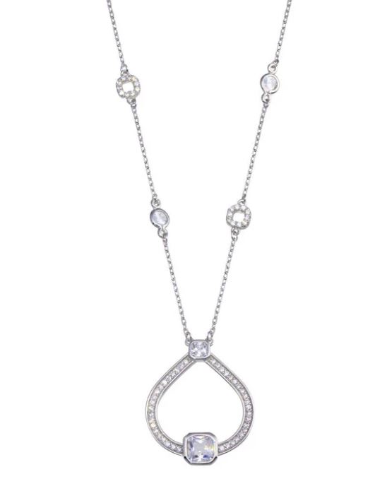 Sterling Silver rhodium plated open circular cubic zirconia pendant on adjustable chain