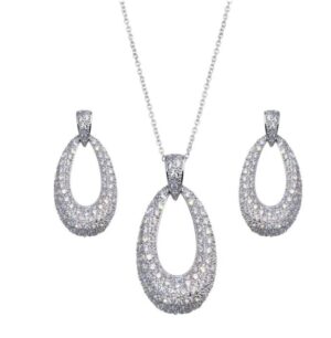 Sterling Silver rhodium plated cubic zirconia oval pave earring and pendant SOLD AS SET