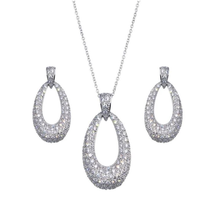 Sterling Silver rhodium plated cubic zirconia oval pave earring and pendant SOLD AS SET