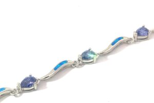 Sterling Silver created blue opal inlay with cz tanzanite color bracelet