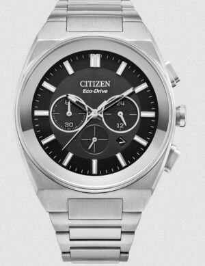 Citizen Axiom SC EcoDrive 43mm black dial has a streamlined look with two sub-dials/Date has a bracelet style watch