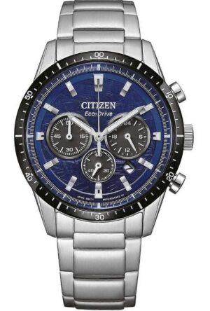 Mans Citizen Eco-Drive Chonograph Blue Dial With Date Black Bezel Bracelet 39.5mm Style Watch