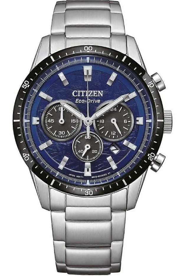 Mans Citizen Eco-Drive Chonograph Blue Dial With Date Black Bezel Bracelet 39.5mm Style Watch