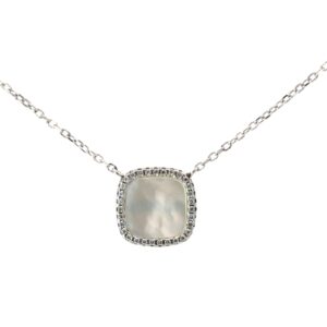 Sterling Silver mother of pearl cushin shape cz halo pendant on adju chain rhod plated