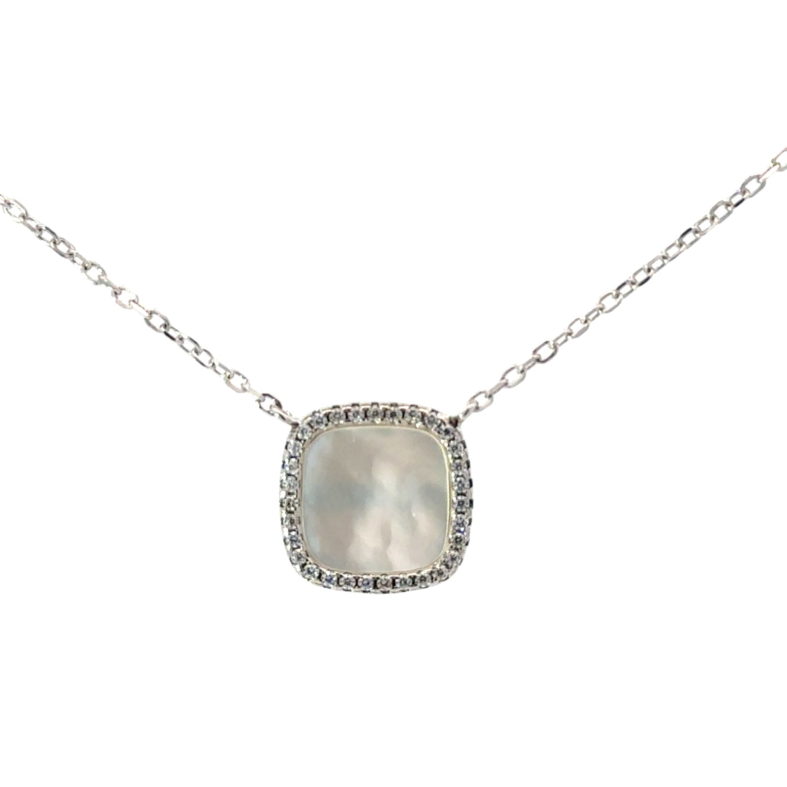 CHSN .jpg Sterling Silver mother of pearl cushin shape cz halo pendant on adju chain rhod plated