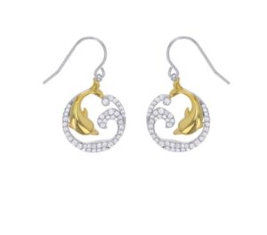 Sterling Silver gold plated cz dolphin dangle earring on fish hook