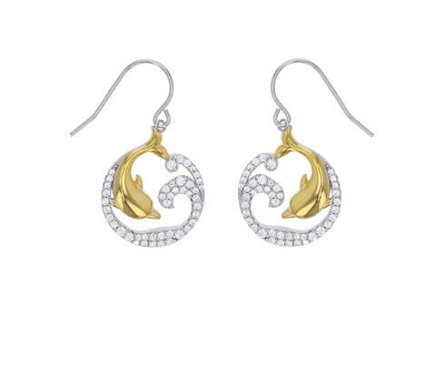 CZEGTT .jpg Sterling Silver gold plated cz dolphin dangle earring on fish hook