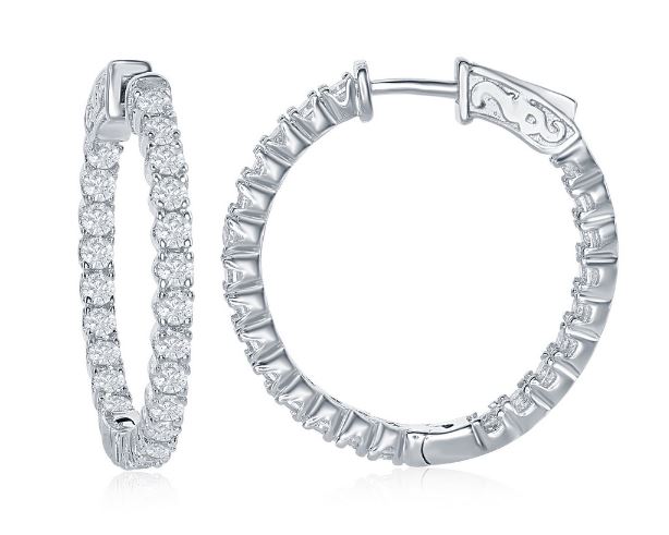 Sterling Silver inside out cz medium hoop earring with locking back