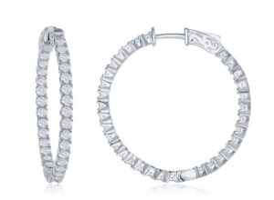 Sterling Silver inside out cubic zirconia hoop earring with locking back 35mm rhodium plated