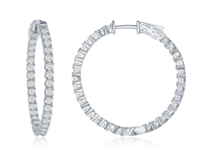 Sterling Silver inside out cubic zirconia hoop earring with locking back 35mm rhodium plated