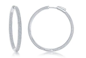 Sterling Silver 3x40mm Inside-Outside Micro Pave CZ Hoop Earrings with locking back