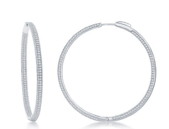 Sterling Silver, 3x50mm Inside-Outside Micro Pave, CZ Hoop Earrings