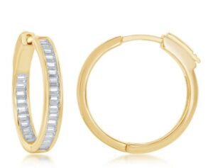 Sterling Silver gold plated 4 by 25mm inside out baguette hoop earring with locking back