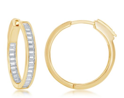 Sterling Silver gold plated 4 by 25mm inside out baguette hoop earring with locking back
