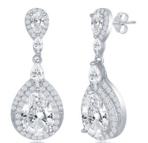 Sterling Silver rhodium plated double pearshaped cubic zirconia halo dangle earring