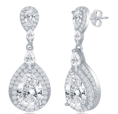Sterling Silver rhodium plated double pearshaped cubic zirconia halo dangle earring