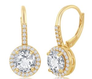 Sterling Silver gold plated round cubic zirconia halo earring with lever back closure
