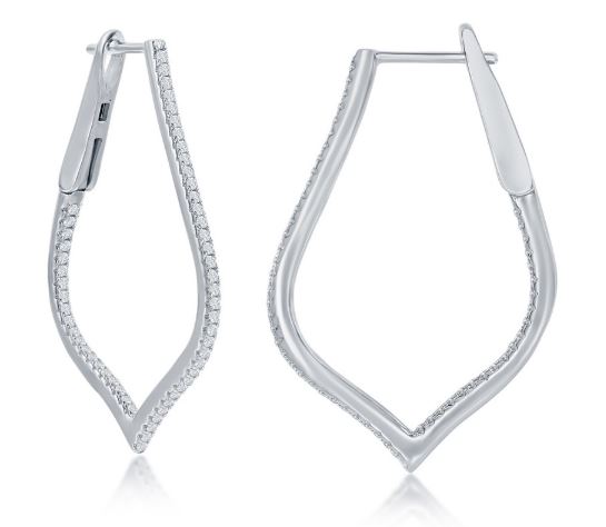 Sterling Silver Ultra-Thin 35mm Hoop CZ Earrings - Marquise