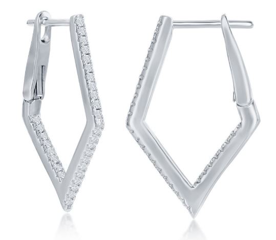 Sterling Silver Ultra-Thin 25mm Hoop CZ Earrings - Diamond-Shaped