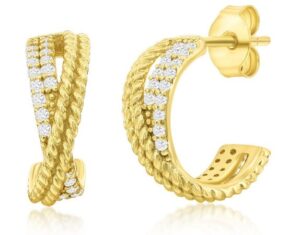 Sterling Silver gold plated hug design with cubic zirconia and cable earring