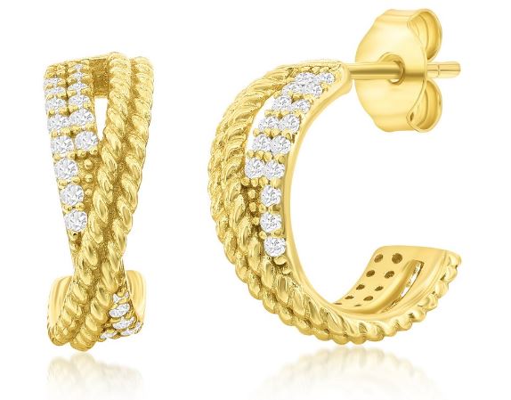 D GP .jpg Sterling Silver gold plated hug design with cubic zirconia and cable earring