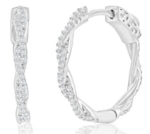 Sterling Silver 21mm twisted cubic zirconia hoop earring with locking backs