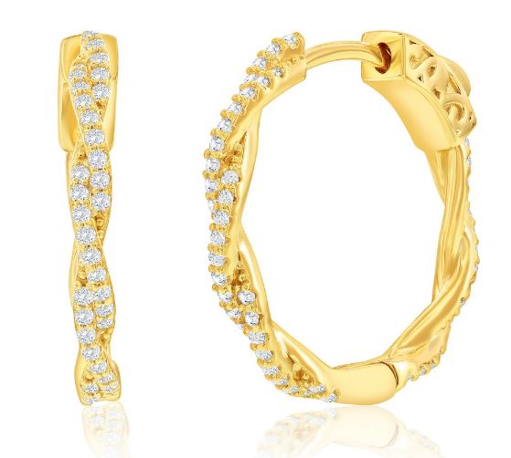 Sterling Silver twisted cubic zironia oval hoop earring with locking back