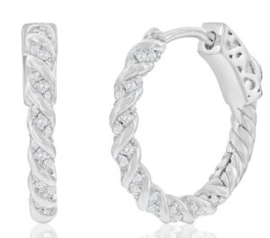 Sterling Silver twisted cable 19mm cubic zirconia hoop earring with locking back