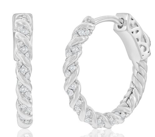 Sterling Silver twisted cable 19mm cubic zirconia hoop earring with locking back