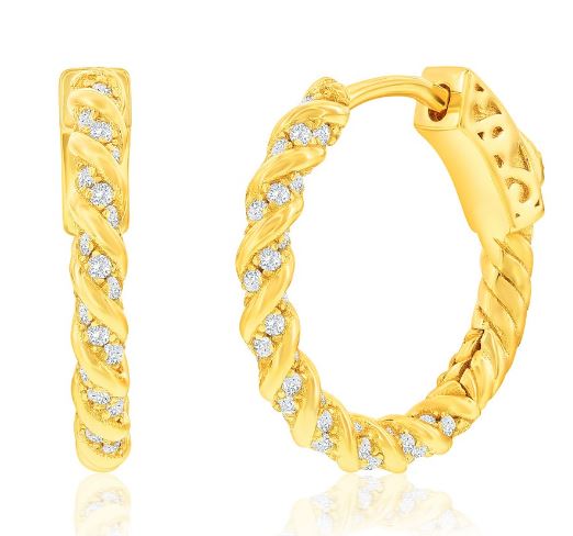D gp .jpg Sterling Silver gold plated 19mm twisted cable cubic zirconia hoop earring with locking back
