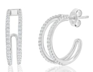 Sterling Silver, Double Row Cubic Zirconia Earrings