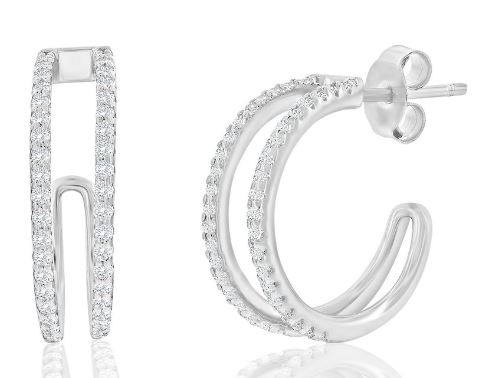 Sterling Silver, Double Row Cubic Zirconia Earrings
