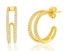 Sterling Silver Gold plated double cubic zirconia 3/4 hoop earring