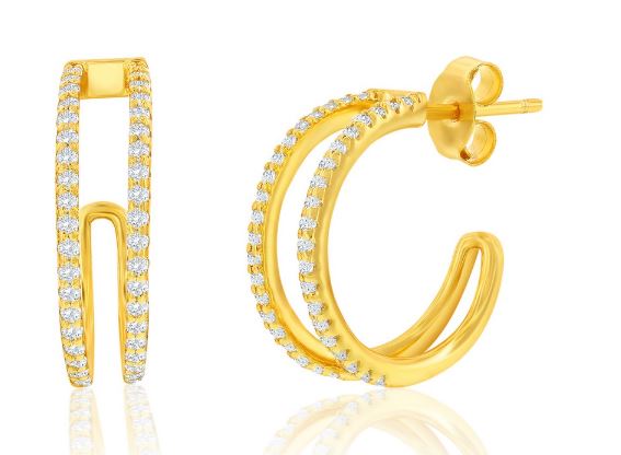 Sterling Silver Gold plated double cubic zirconia 3/4 hoop earring