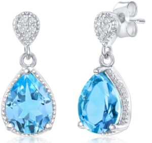 Sterling Silver rhodium plated genuine blue topaz and white topaz dangle earrings