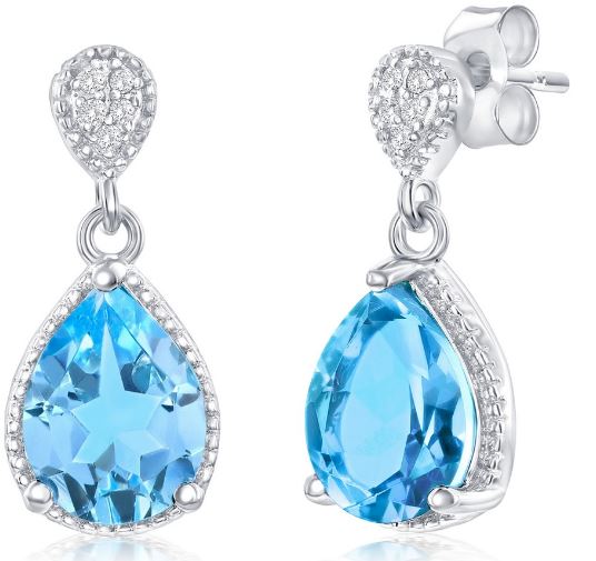 Sterling Silver rhodium plated genuine blue topaz and white topaz dangle earrings
