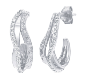 Sterling Silver rhodium plated cubic zirconia wavy design half hoop earring