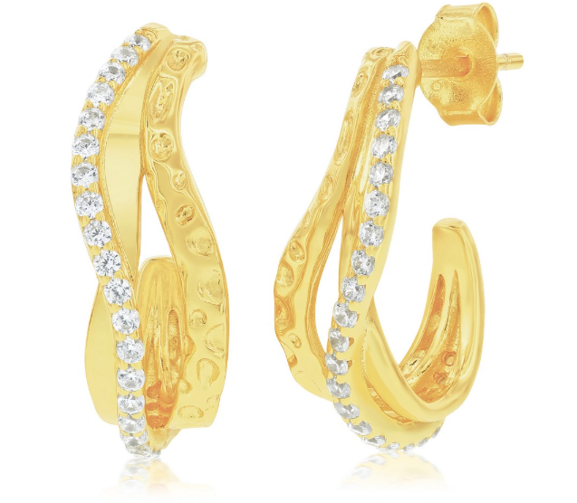 D GP .png Sterling Silver gold plated cubic zirconia wavy design 3/4 hoop earring