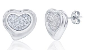 Sterling Silver rhodium plated puffed cubic zirconia pave heart stud earrings