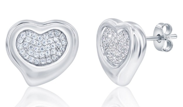 Sterling Silver rhodium plated puffed cubic zirconia pave heart stud earrings